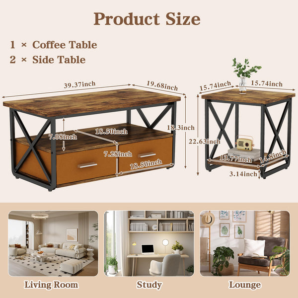 3 Piece Coffee Table Set with Fabric Drawers and Storage Shelves