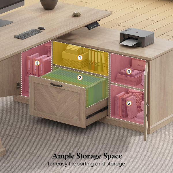 L-Shaped Electric Standing Desk with Storage & Power Outlets