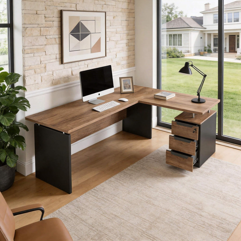 L-Shaped Executive Desk with Drawers & Power Outlet, 63"
