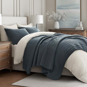 Cotton Quilt Set with Pillow Shams – Modern Stripe Coverlet