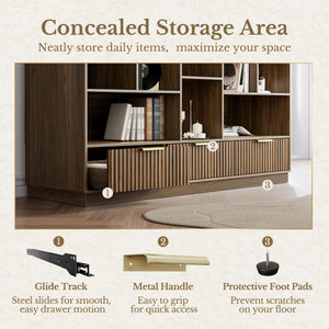 4-Tier Fluted Bookshelf with Drawers & Storage