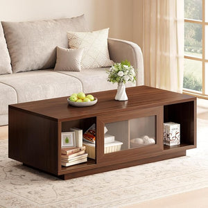Rustic Wood Coffee Table with Sliding Door Storage