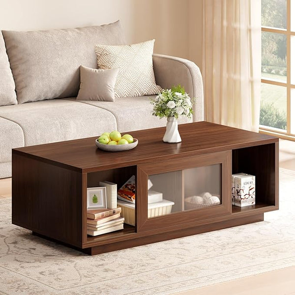 Rustic Wood Coffee Table with Sliding Door Storage
