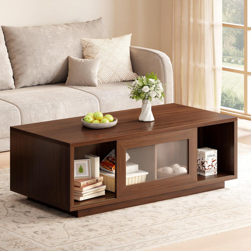 Coffee Table with Sliding Doors & Open Storage Shelf