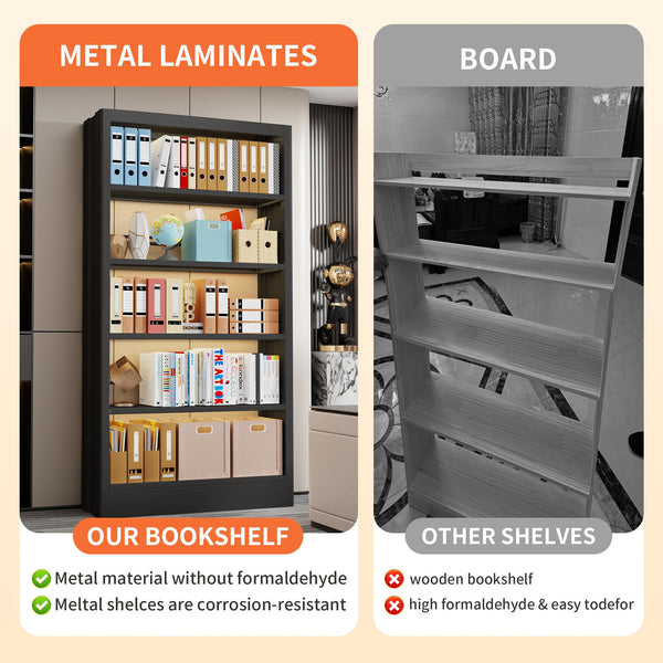 5-Tier Metal Bookcase with Adjustable Shelves