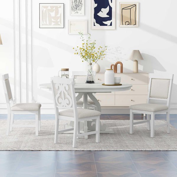 Extendable Round Dining Table Set for 4-6 with Upholstered Chairs