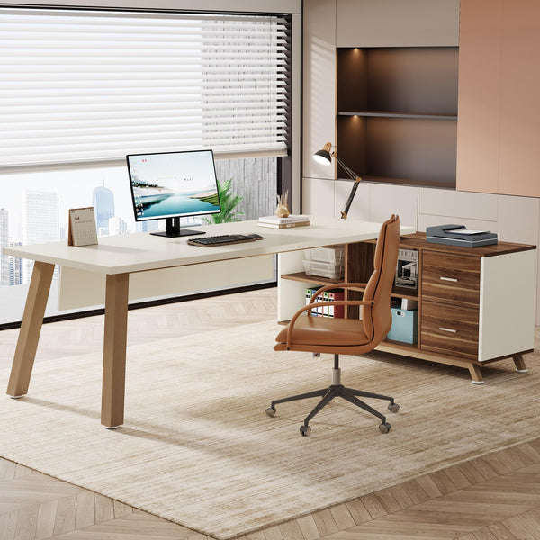 L-Shaped Executive Desk with Cabinet & Storage Shelves
