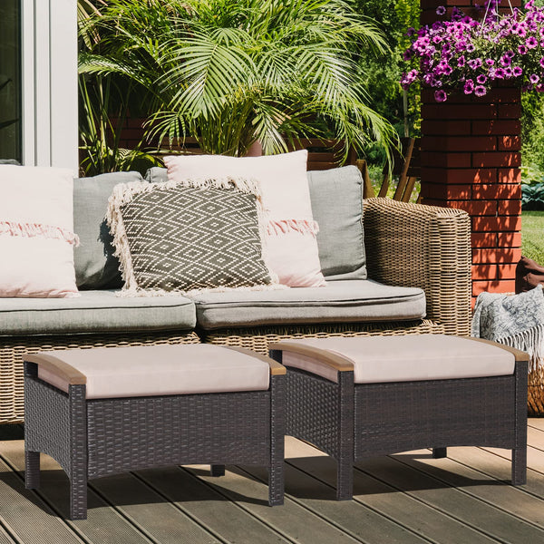Outdoor Wicker Ottoman Set – 2 Piece Patio Rattan Footrest with Cushions