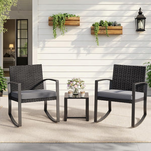 3-Piece Outdoor Rattan Rocking Bistro Set with Coffee Table