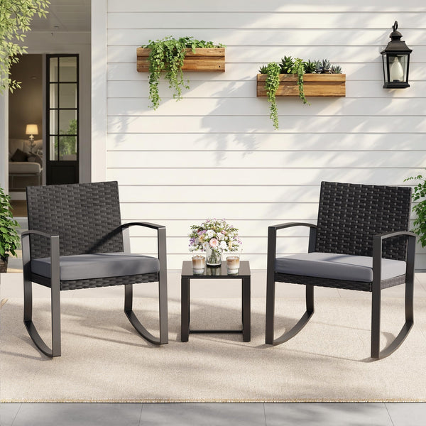 3-Piece Outdoor Rattan Rocking Bistro Set with Coffee Table