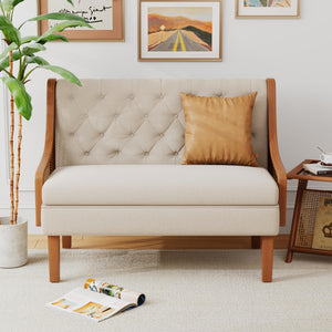 Mid-Century Modern Loveseat Sofa with Natural Rattan Arms & Upholstered Cushions