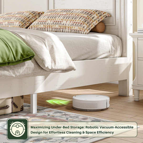 Farmhouse King Bed Frame with Storage Drawers & Headboard, White
