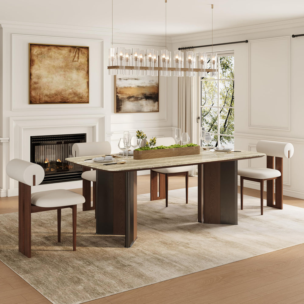 63-Inch Stone Top Dining Table with Dual-Tone Pedestal Legs