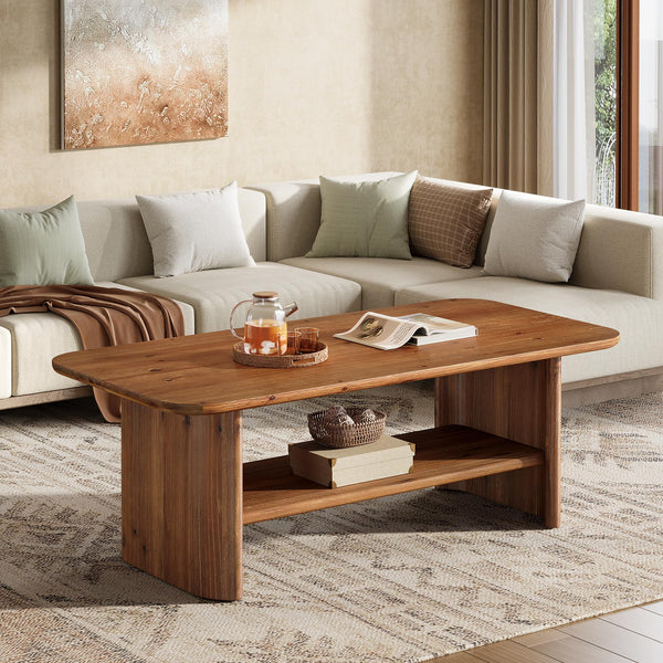 Solid Wood Coffee Table with 2-Tier Storage