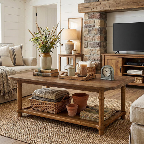 Solid Wood Rectangle Coffee Table with 2-Tier Storage