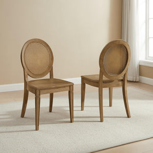 Oval Cane Back Dining Chairs Set of 2 – Rubberwood & Rattan, Driftwood Finish