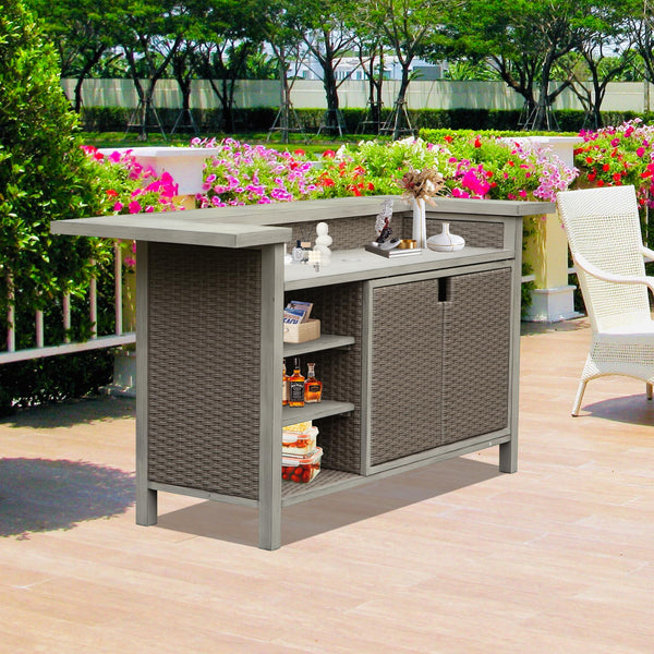Outdoor Aluminum PE Wicker Bar Table with Cabinet & Storage