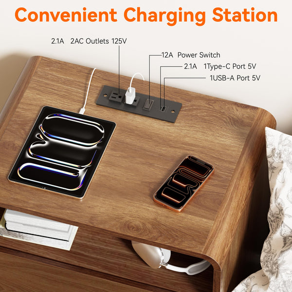 Walnut Nightstand Set of 2 with Hidden Drawers & Charging Station