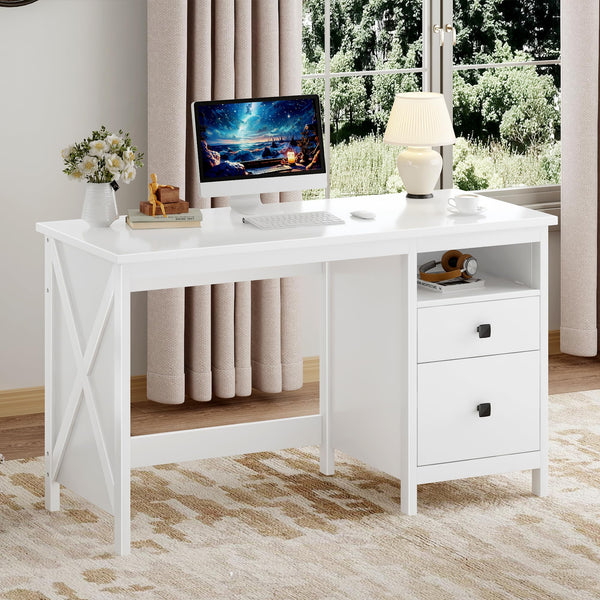 Modern Computer Desk with Drawer and Side Shelf