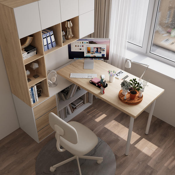 L-Shaped Corner Desk with Drawers and Open Shelves