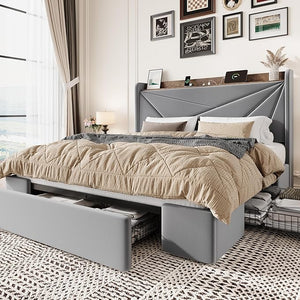 Velvet Storage Bed Frame with Charging Ports