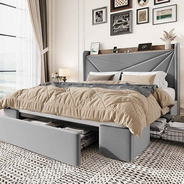 Velvet Storage Bed Frame with Charging Ports
