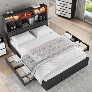 Queen Bed Frame with Storage Headboard, Drawers & Charging Station