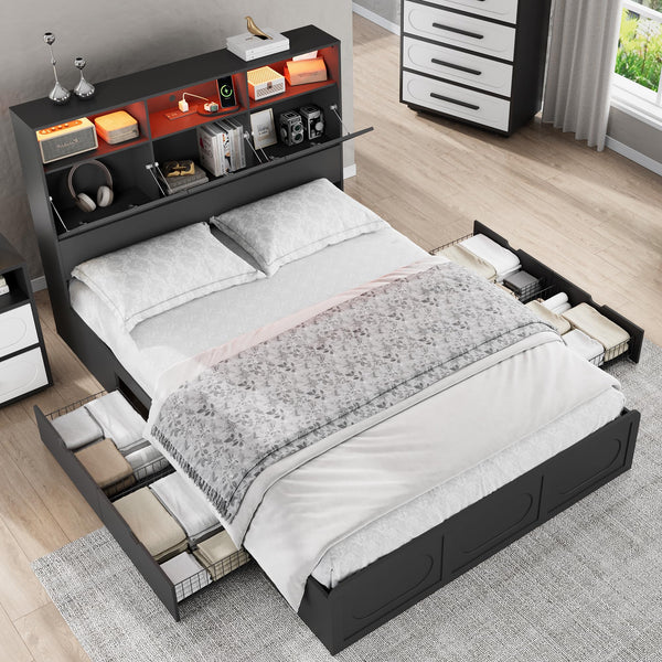 Queen Bed Frame with Storage Headboard, Drawers & Charging Station