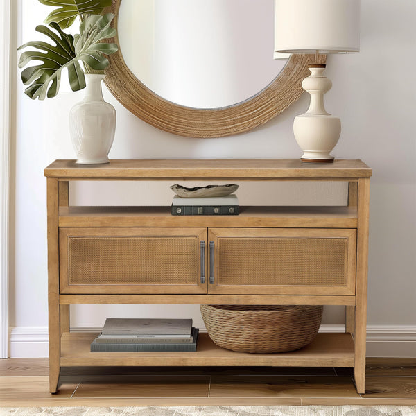 Console Table with Storage Cabinet – Cane Door, Honey Wood Finish, 47.75"W