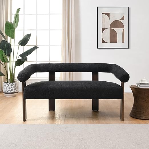 Modern Bouclé Fabric Loveseat – 2-Seater Sofa with Curved Armrests & Rubberwood Frame