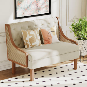 Mid-Century Modern Loveseat Sofa with Natural Rattan Arms & Upholstered Cushions