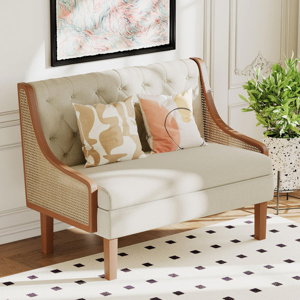 Mid-Century Modern Loveseat Sofa with Natural Rattan Arms & Upholstered Cushions