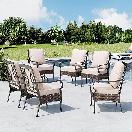 PE Rattan Patio Dining Chairs with Cushions & Metal Frame