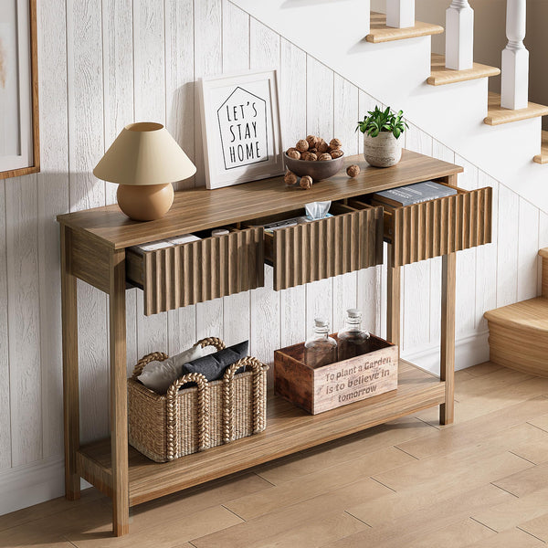 47" Fluted Console Table with Drawers & Open Shelf