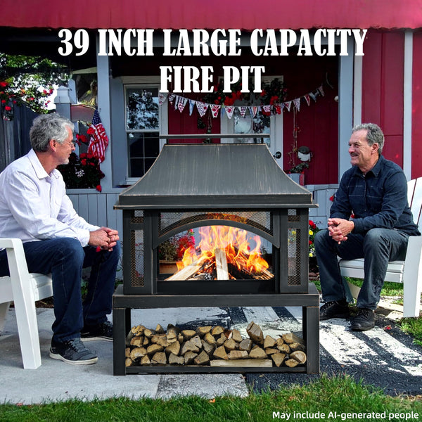 39" Outdoor Wood Burning Fire Pit with Chimney & Wood Storage