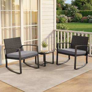 3-Piece Outdoor Rattan Rocking Bistro Set with Coffee Table