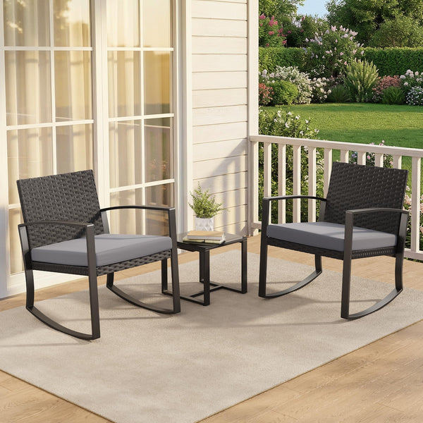 3-Piece Outdoor Rattan Rocking Bistro Set with Coffee Table