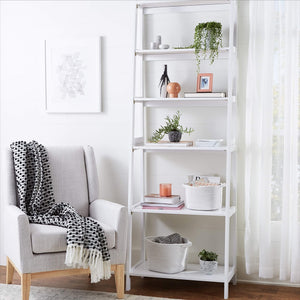 5-Tier Rubberwood Ladder Bookshelf, Freestanding Storage Organizer