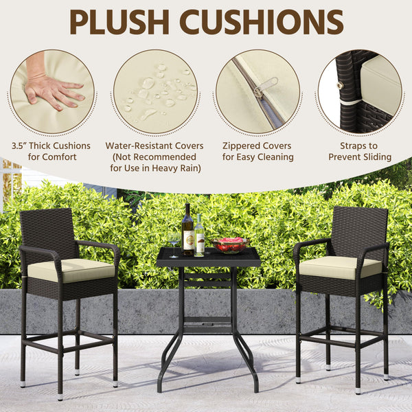 Outdoor Wicker Bar Stools with Armrests, Footrests & Cushions (Brown/Beige)