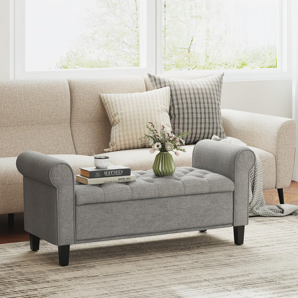Storage Ottoman Bench with Rolled Arms & Hidden Storage