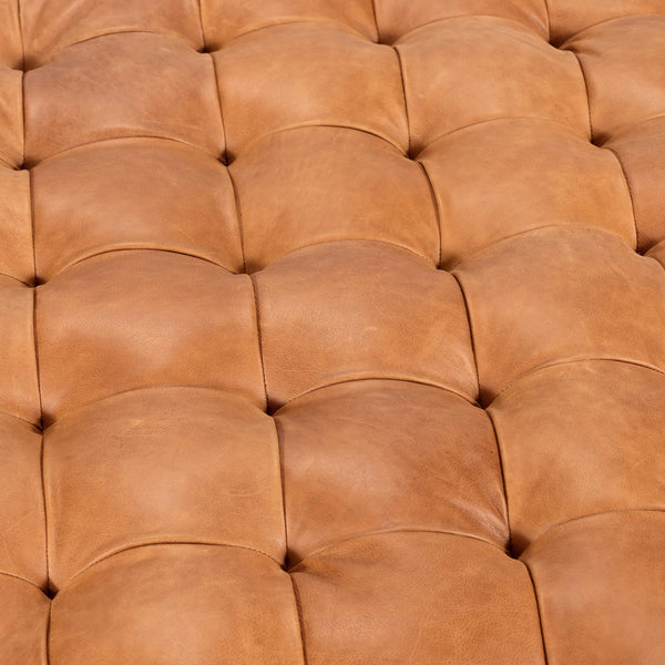Large Square Tufted Leather Ottoman – Cognac Tan