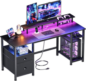 Gaming & Home Office Computer Desk with Power Outlets, LED Lights & Monitor Stand