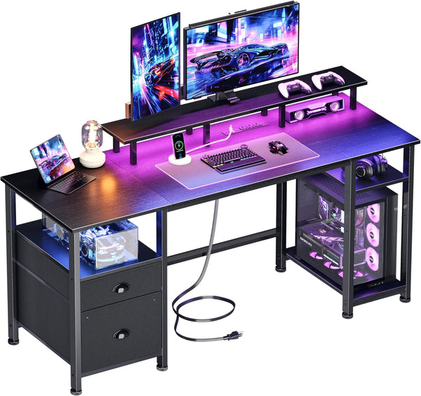 Gaming & Home Office Computer Desk with Power Outlets, LED Lights & Monitor Stand