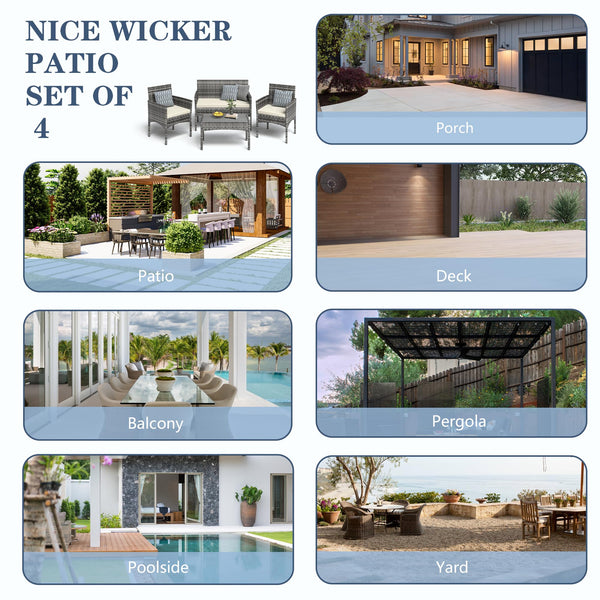 4-Piece Outdoor Wicker Patio Conversation Set with Cushions & Table