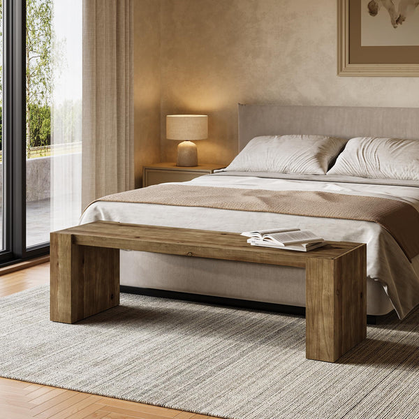 59-Inch Solid Wood Farmhouse Entryway Bench with Open Shelf