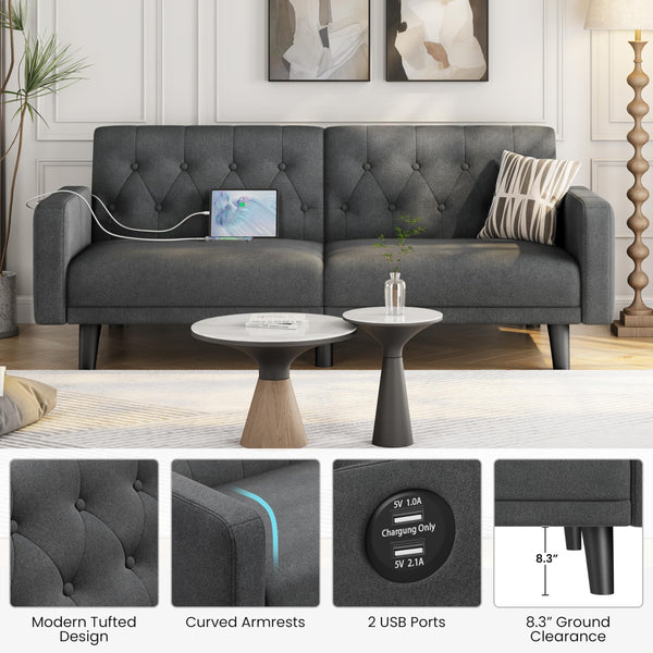 63" Convertible Futon Sofa Bed with USB Ports & Reclining Backrest