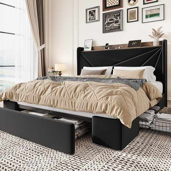 Velvet Storage Bed Frame with Charging Ports