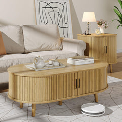 Oval Coffee Table with Sliding Tambour Door & Hidden Storage