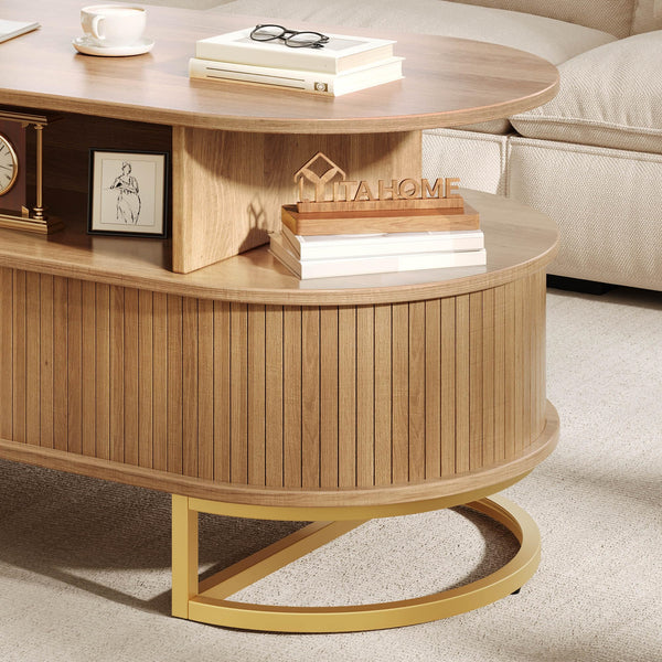 Oval Fluted Coffee Table with Sliding Door Storage & Gold Handles