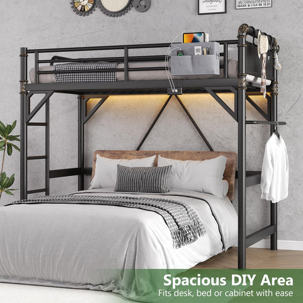 Twin Loft Bed with LED Lights & Charging Station